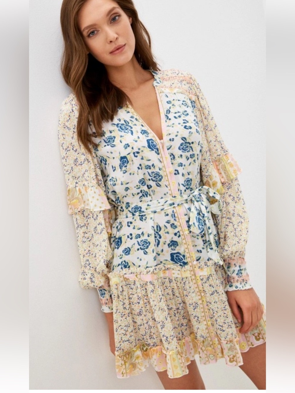 Dex Ruffle Sleeve Twin Floral Print Boho Smocked Peasant Dress Size L